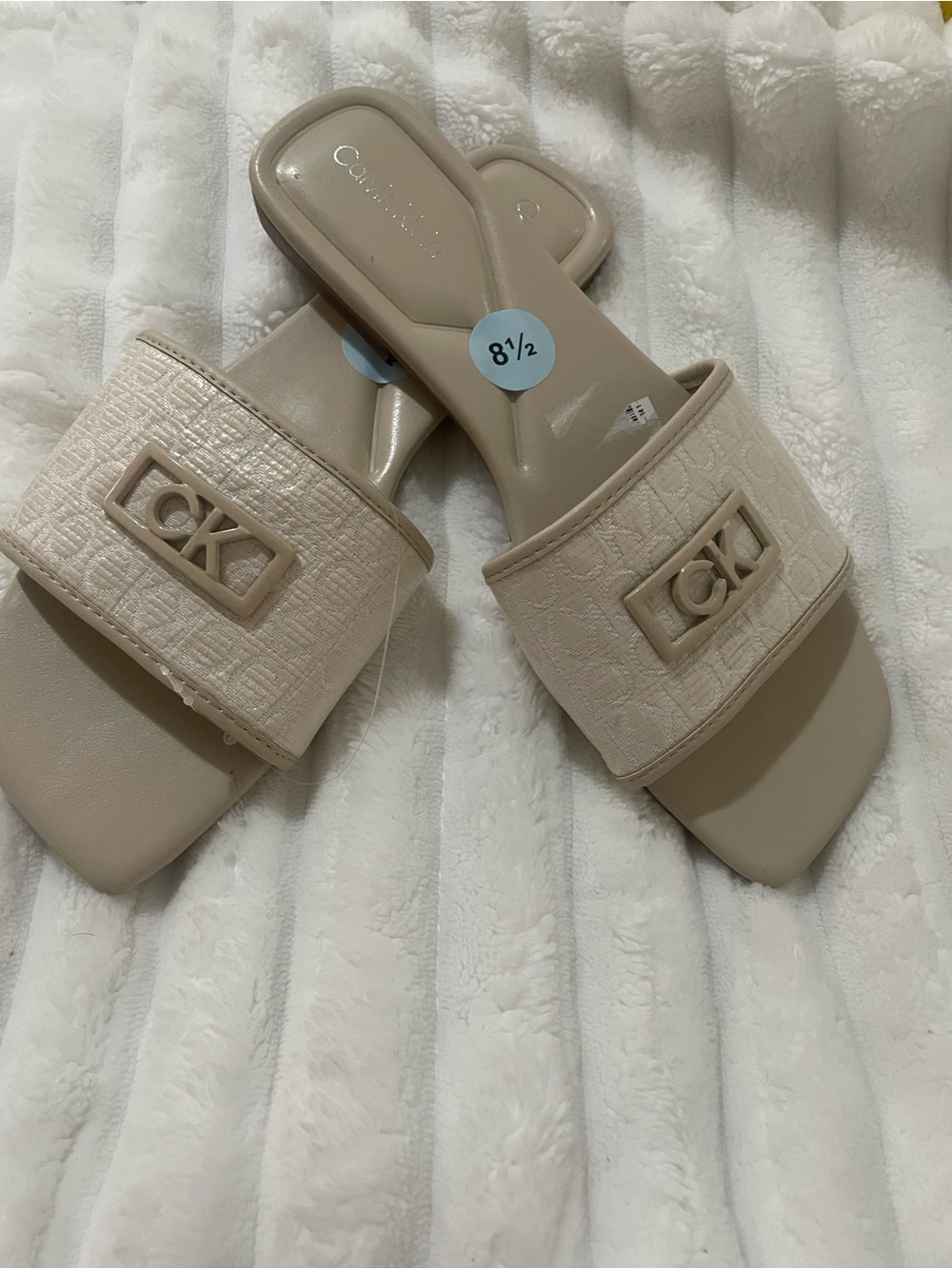 Calvin Klein Neutral Beige Square-Toe Slide Sandals